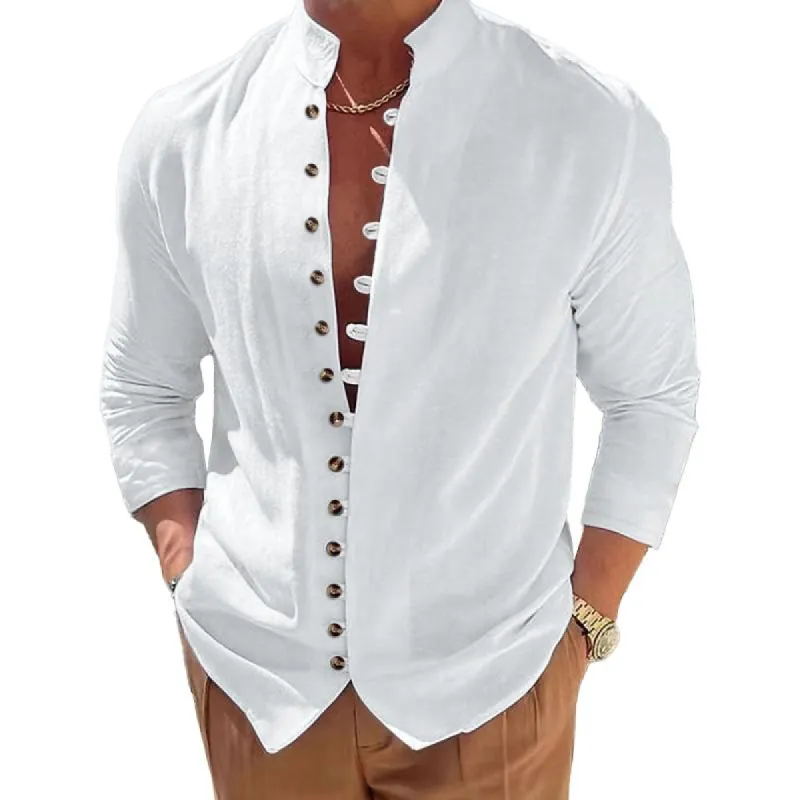 Men's Solid Stand Collar Single Breasted Long Sleeve Cotton Linen Shirt 35848441Z sold by Manly