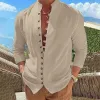 Men's Solid Stand Collar Single Breasted Long Sleeve Cotton Linen Shirt 35848441Z sold by Manly