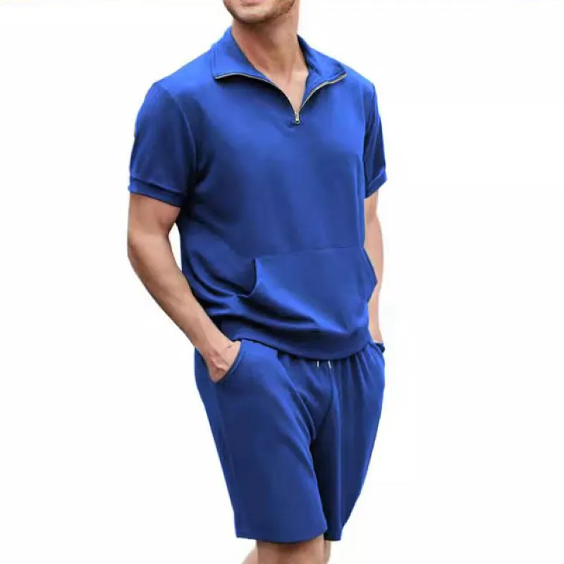 Men's Solid Lapel Short Sleeve Pocket Polo Shirt Shorts Set 65339257Z sold by Manly