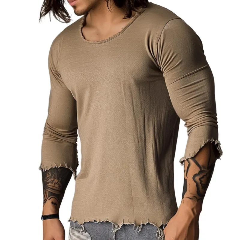 Men's Retro Casual Solid Color Raw Edge Long Sleeve T-shirt 23451558TO sold by Manly