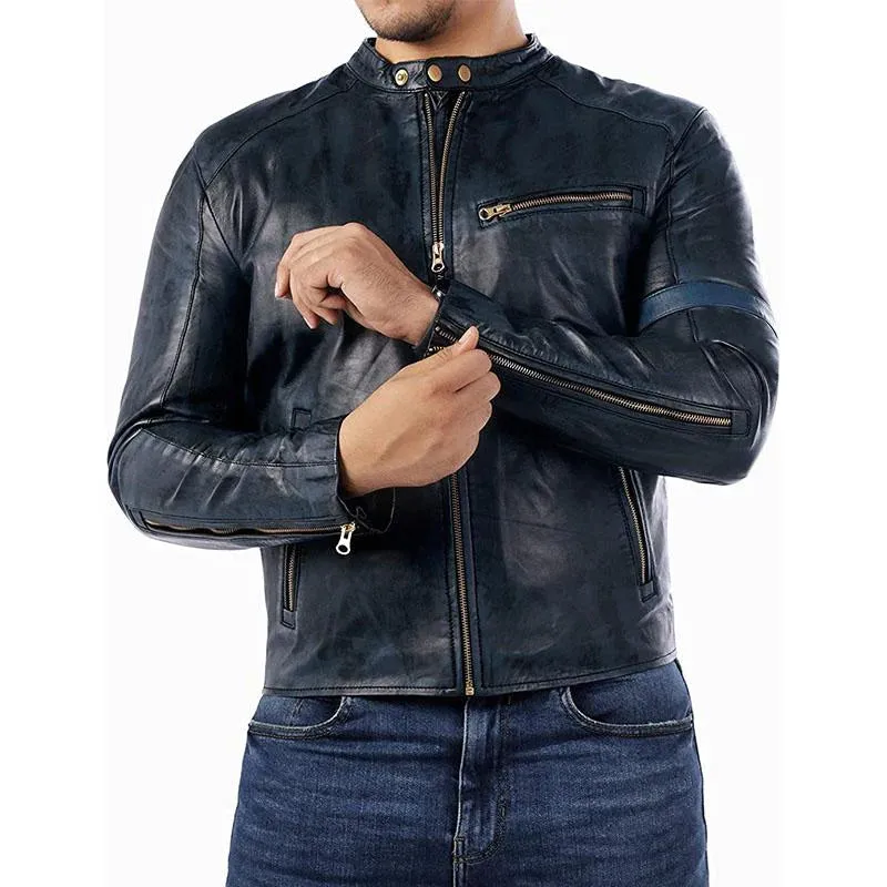 Men's Vintage Distressed Stand Collar Contrast Stitching Leather Jacket 22822210M sold by Manly product image thumbnail 3