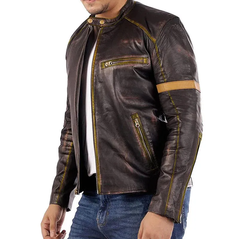 Men's Vintage Distressed Stand Collar Contrast Stitching Leather Jacket 22822210M sold by Manly