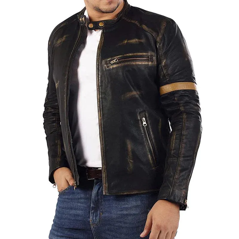 Men's Vintage Distressed Stand Collar Contrast Stitching Leather Jacket 22822210M sold by Manly product image thumbnail 2