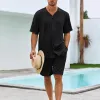 Men's Lightweight Solid Color V-Neck Short-Sleeved Shirt And Shorts Set 12815425Y sold by Manly