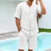 Men's Lightweight Solid Color V-Neck Short-Sleeved Shirt And Shorts Set 12815425Y sold by Manly