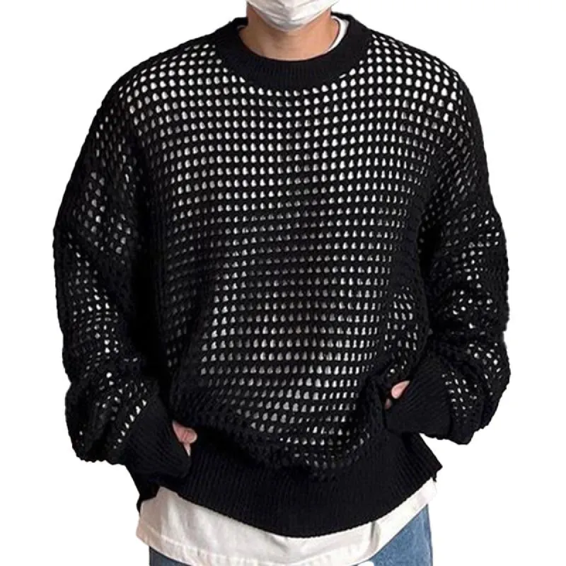 Men's Fashion Solid Color Mesh Hollow Round Neck Long Sleeve Knitted Sweater 25224548M sold by Manly