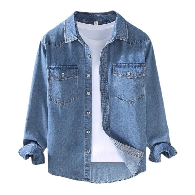 Men's Casual Thin Washed Flap Pocket Slim Fit Long Sleeve Denim Shirt 91805492M sold by Manly
