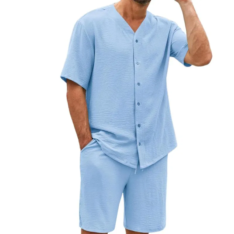 Men's Lightweight Solid Color V-Neck Short-Sleeved Shirt And Shorts Set 12815425Y sold by Manly