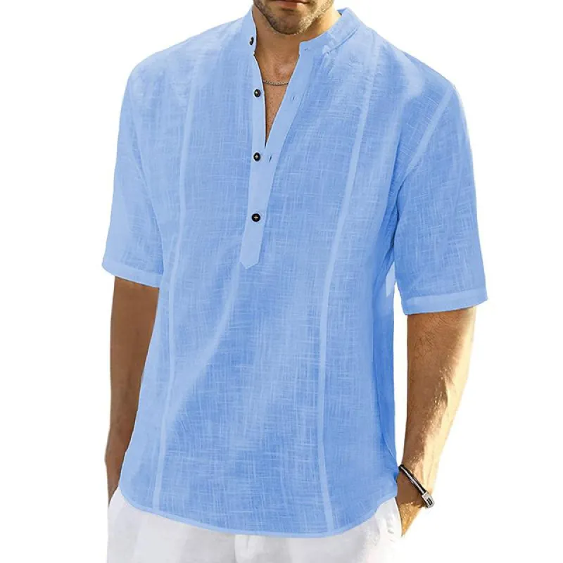 Men's Casual Comfort Linen Stand Collar Half Sleeve Shirt 60279337M sold by Manly