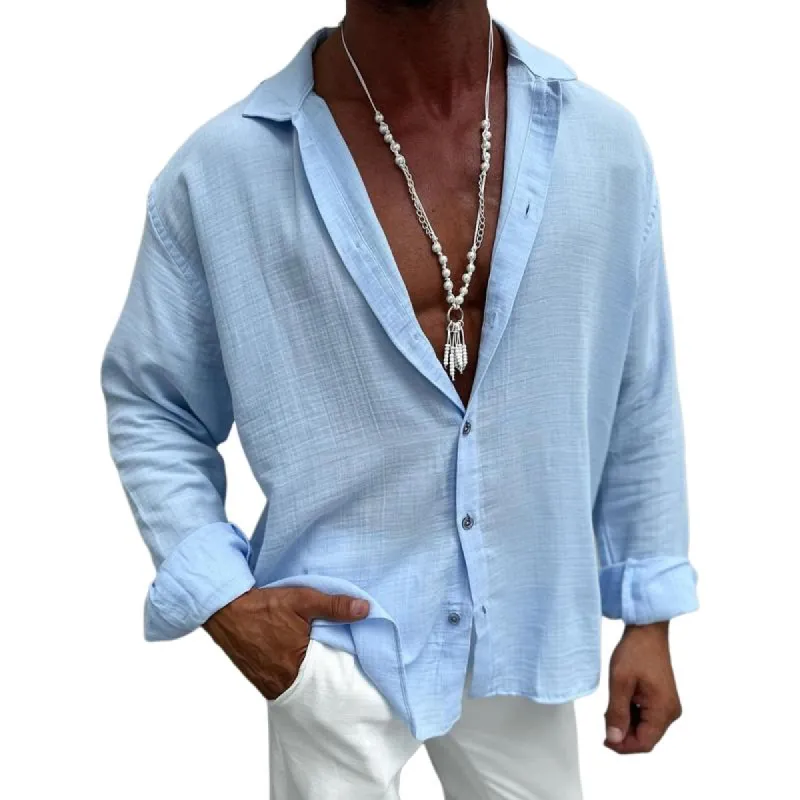 Men's Solid Cotton And Linen Lapel Long Sleeve Casual Shirt 81070159Z sold by Manly