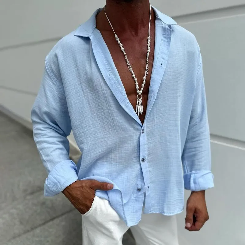 Men's Solid Cotton And Linen Lapel Long Sleeve Casual Shirt 81070159Z sold by Manly product image thumbnail 2