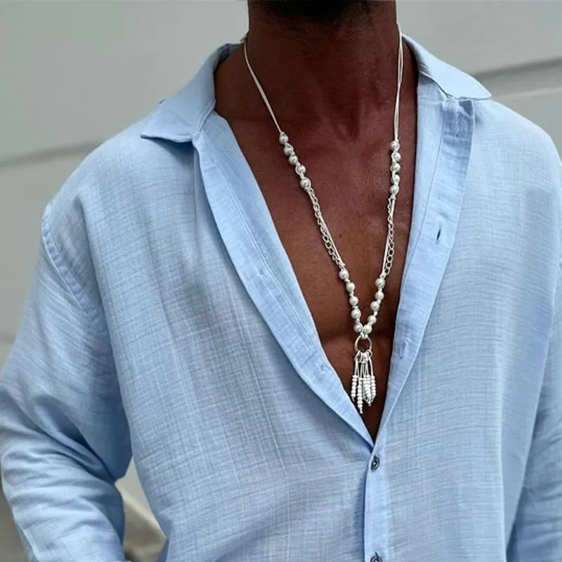 Men's Solid Cotton And Linen Lapel Long Sleeve Casual Shirt 81070159Z sold by Manly product image thumbnail 3