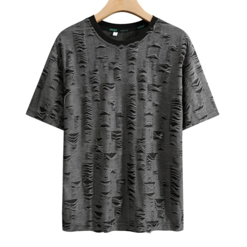 Men's Fashion Ripped Round Neck Loose Short Sleeve T-Shirt 04190213M sold by Manly