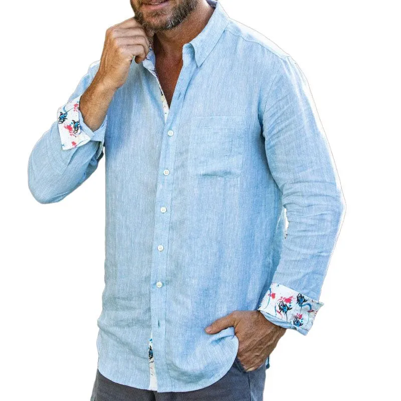 Men's Cotton and Linen Colorblock Printed Lapel Long-sleeved Shirt 43994626X sold by Manly