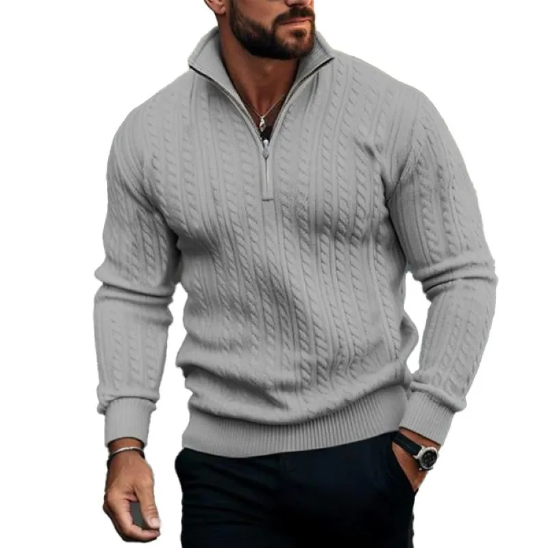 Men's Casual Solid Color Cable Zip Half Turtle Neck Long Sleeve Sweater 12996948Y sold by Manly