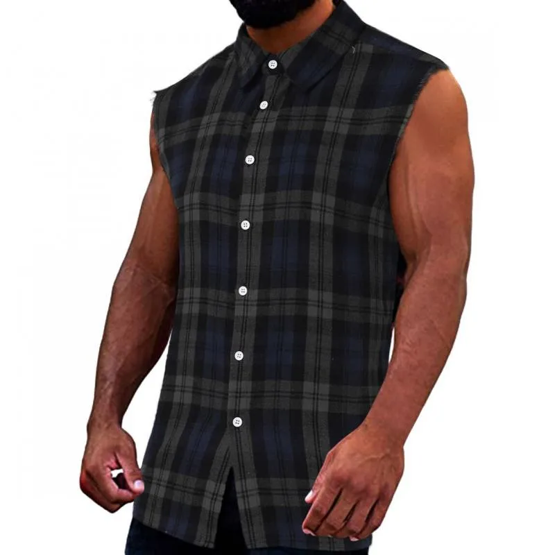 Men's Fashion Plaid Lapel Button Sleeveless Shirt 91727853M sold by Manly product image thumbnail 4