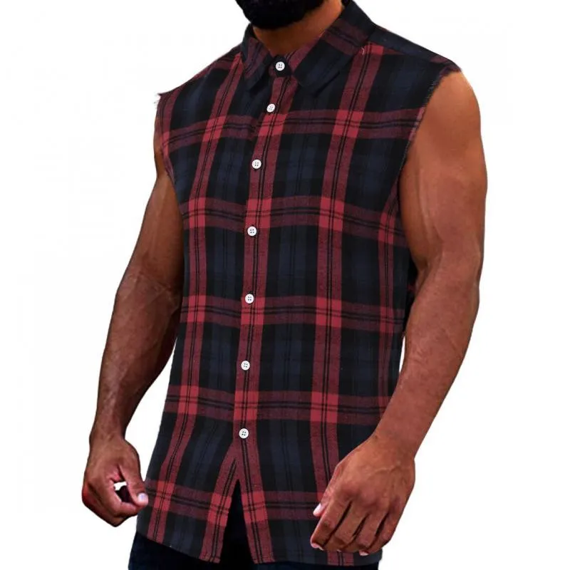 Men's Fashion Plaid Lapel Button Sleeveless Shirt 91727853M sold by Manly product image thumbnail 2