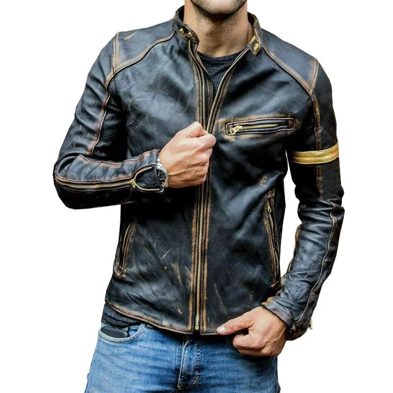 Men's Vintage Stand Collar Zipper Leather Jacket 41470326M sold by Manly