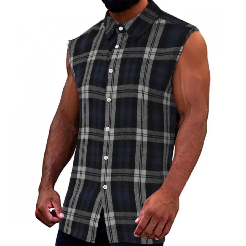 Men's Fashion Plaid Lapel Button Sleeveless Shirt 91727853M sold by Manly
