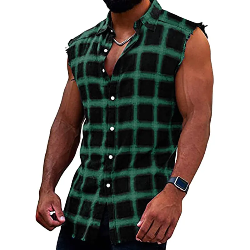 Men's Fashion Plaid Lapel Button Sleeveless Shirt 91727853M sold by Manly product image thumbnail 5