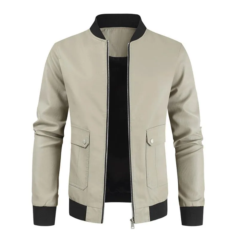 Men's Simple Solid Color Stand Collar Leather Long Sleeve Jacket 81049732Y sold by Manly