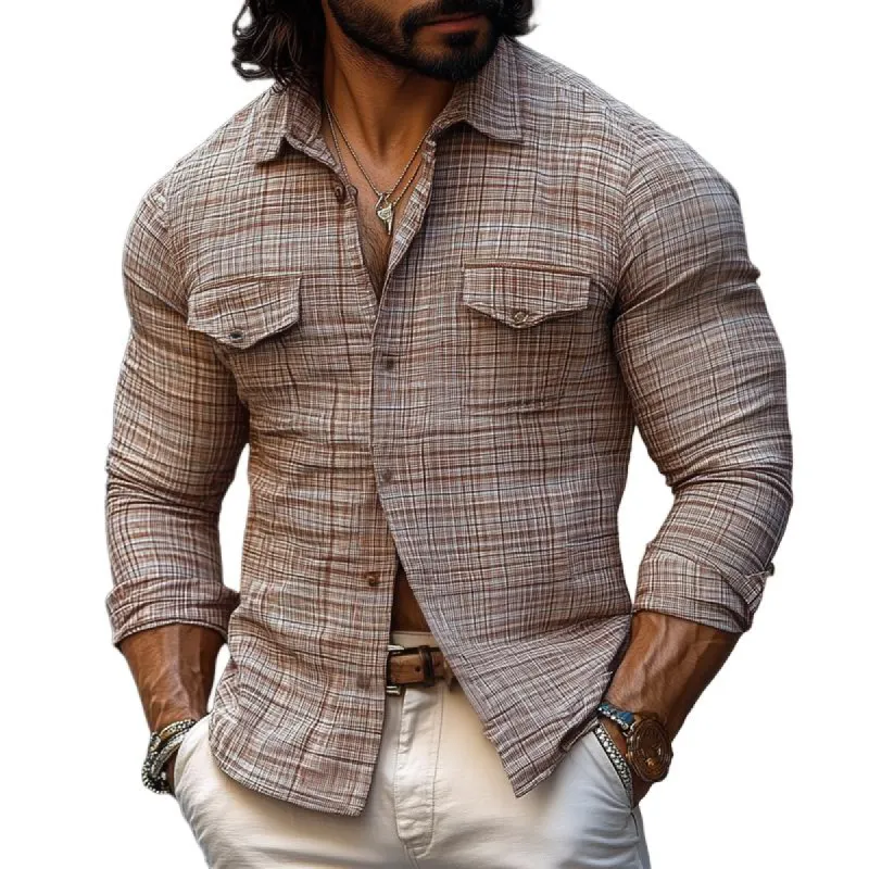 Men's Checked Lapel Chest Pocket Long Sleeve Shirt 61142892Z sold by Manly