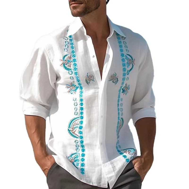 Men's Hawaiian Lapel Print Casual Long Sleeve Shirt 23117343X sold by Manly
