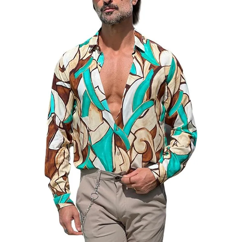 Men's Loose Contrasting Geometric Print Lapel Long Sleeve Shirt 56175965Z sold by Manly