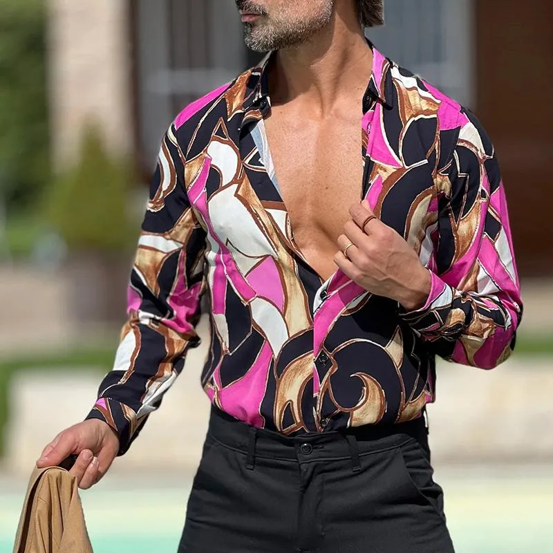 Men's Loose Contrasting Geometric Print Lapel Long Sleeve Shirt 56175965Z sold by Manly product image thumbnail 3