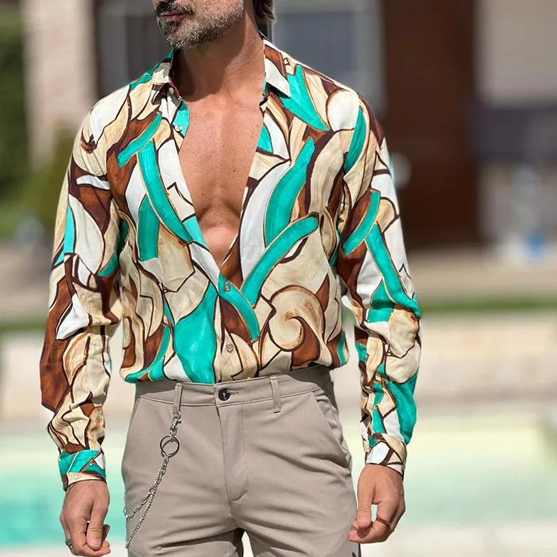 Men's Loose Contrasting Geometric Print Lapel Long Sleeve Shirt 56175965Z sold by Manly product image thumbnail 2