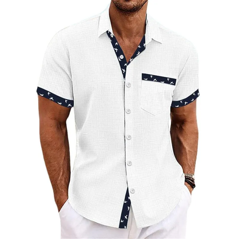 Men's Cotton and Linen Printed Lapel Short-sleeved Shirt 86727274X sold by Manly