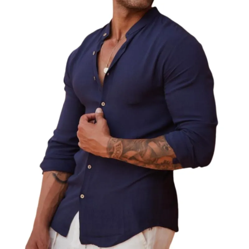 Men's Casual Solid Color Stand Collar Shirt 28047870TO sold by Manly