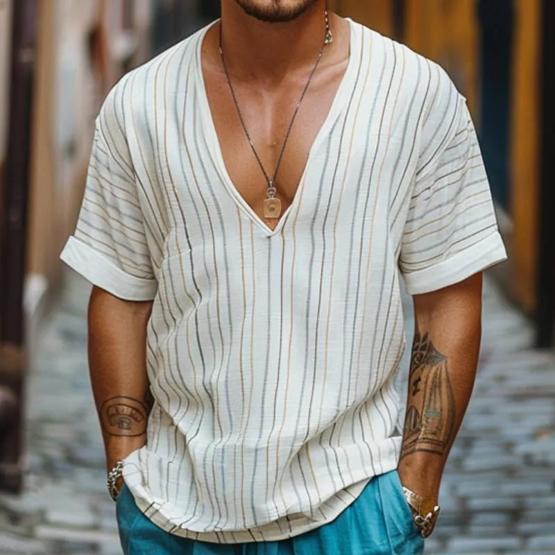 Men's Casual Colorful Striped V-neck Loose Short-sleeved Shirt 20795313M sold by Manly product image thumbnail 3