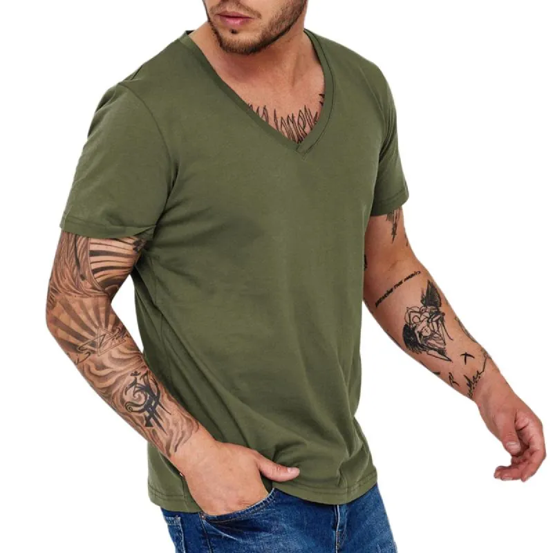 Men Simple V Neck Solid Color Short Sleeve T-Shirt 48221622Y sold by Manly