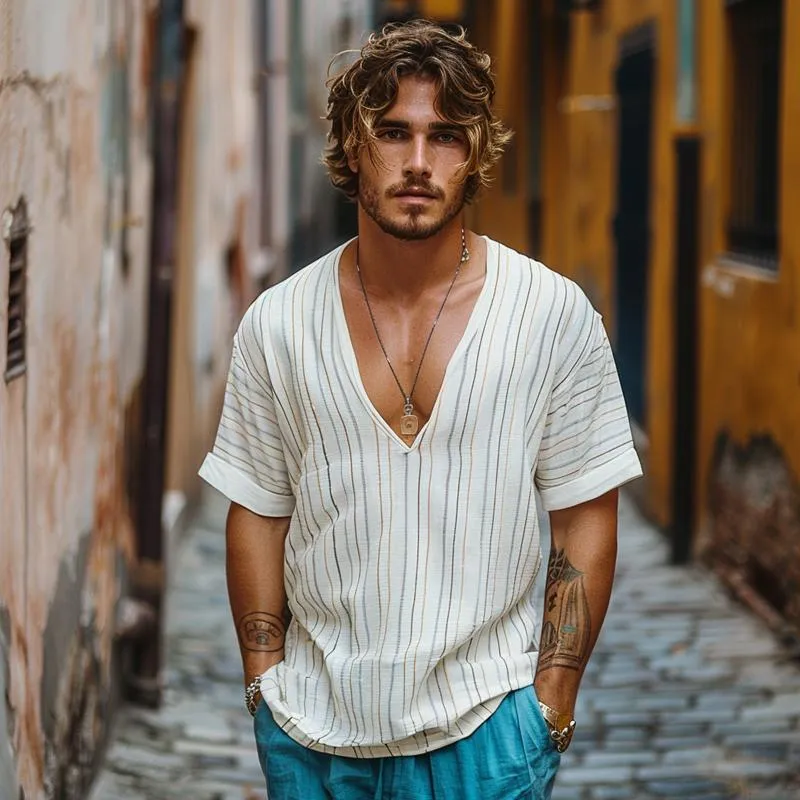 Men's Casual Colorful Striped V-neck Loose Short-sleeved Shirt 20795313M sold by Manly product image thumbnail 2