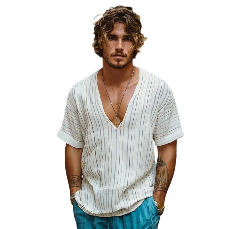Men's Casual Colorful Striped V-neck Loose Short-sleeved Shirt 20795313M sold by Manly