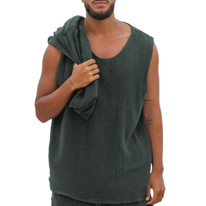 Men's Waffle Solid Color Crew Neck Tank Top 17725455X sold by Manly