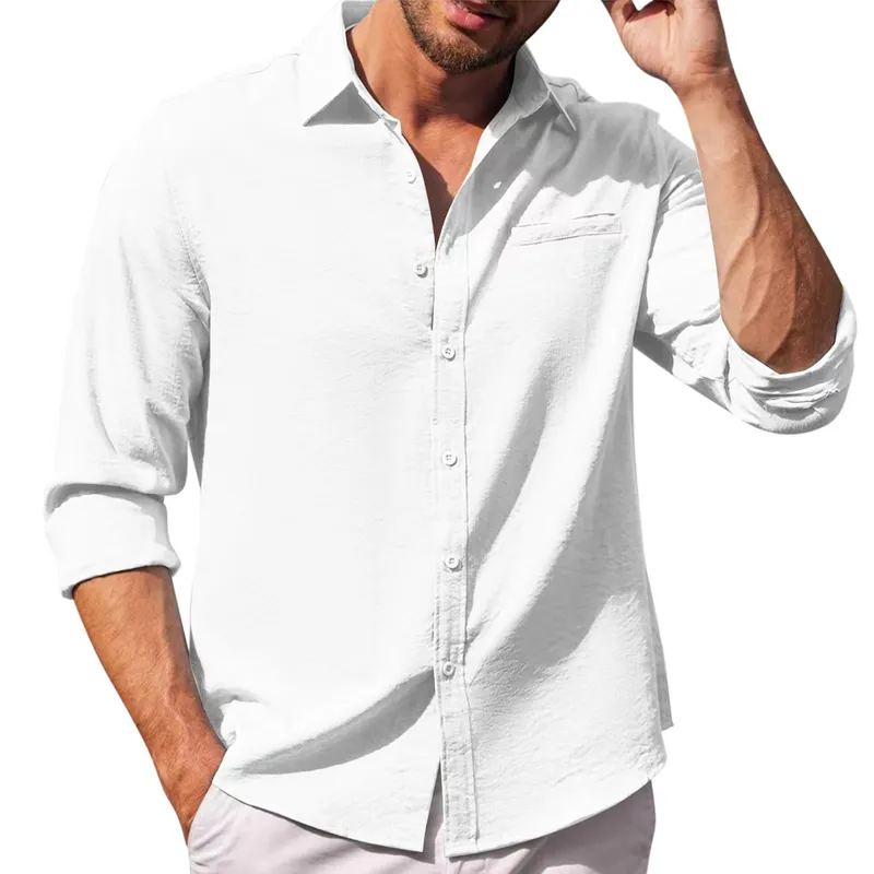 Men's Solid Color Cotton And Linen Lapel Long Sleeve Shirt 93367719Z sold by Manly product image thumbnail 3
