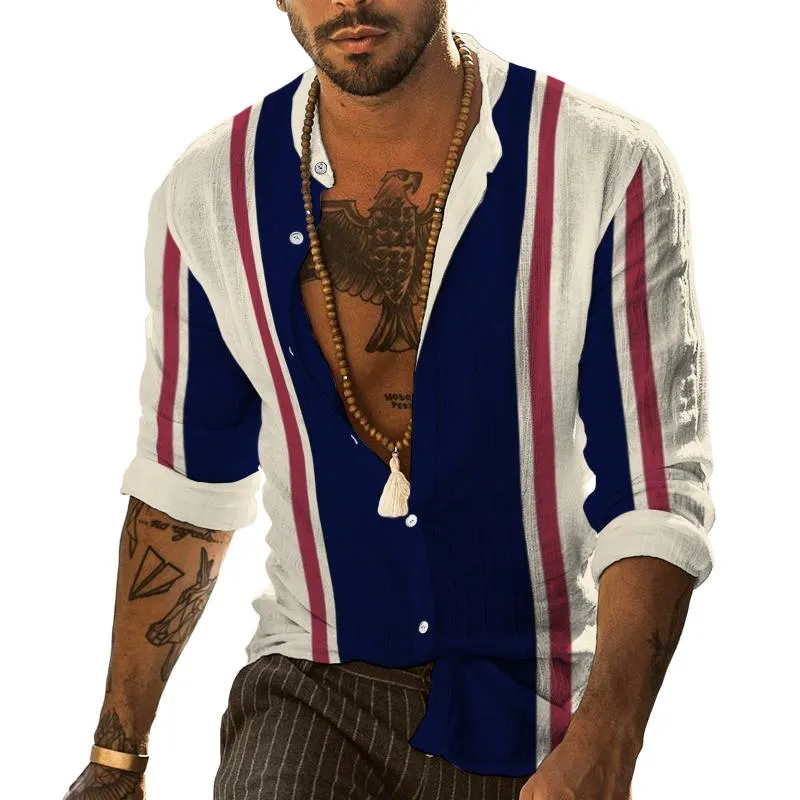 Men's Casual Striped Stand Collar Long Sleeve Shirt 34743407TO sold by Manly