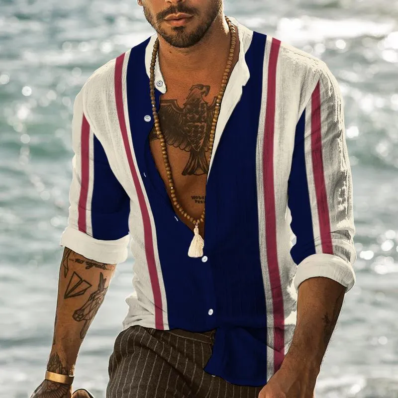 Men's Casual Striped Stand Collar Long Sleeve Shirt 34743407TO sold by Manly product image thumbnail 2