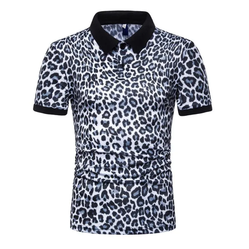 Men's Lapel Fashion Leopard Print Short Sleeve POLO Shirt 19469085X sold by Manly