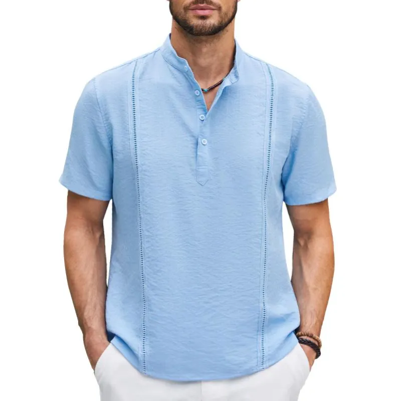 Men's Cotton And Linen Solid Color Stitching Stand Collar Short Sleeve Shirt 14421959Y sold by Manly