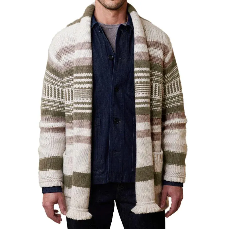 Men's Vintage Striped Patchwork Collarless Cardigan 84647265Y sold by Manly