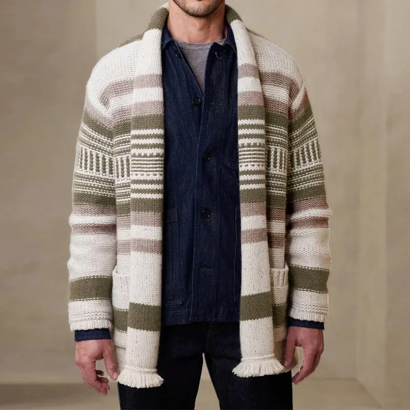 Men's Vintage Striped Patchwork Collarless Cardigan 84647265Y sold by Manly product image thumbnail 2
