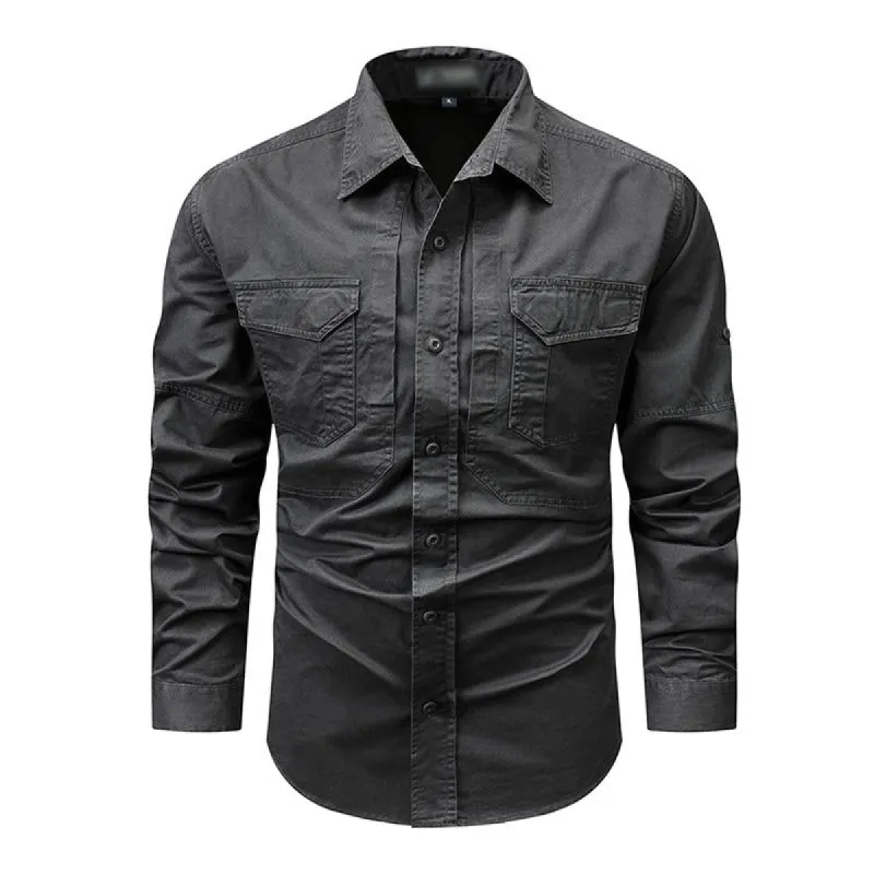 Men's Casual Washed Lapel Multi-pocket Loose Cargo Shirt 10090206M sold by Manly