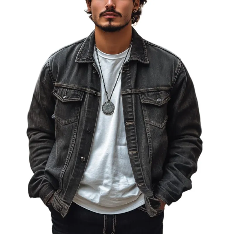 Men's Vintage Washed Lapel Single Breasted Denim Jacket 51246620M sold by Manly
