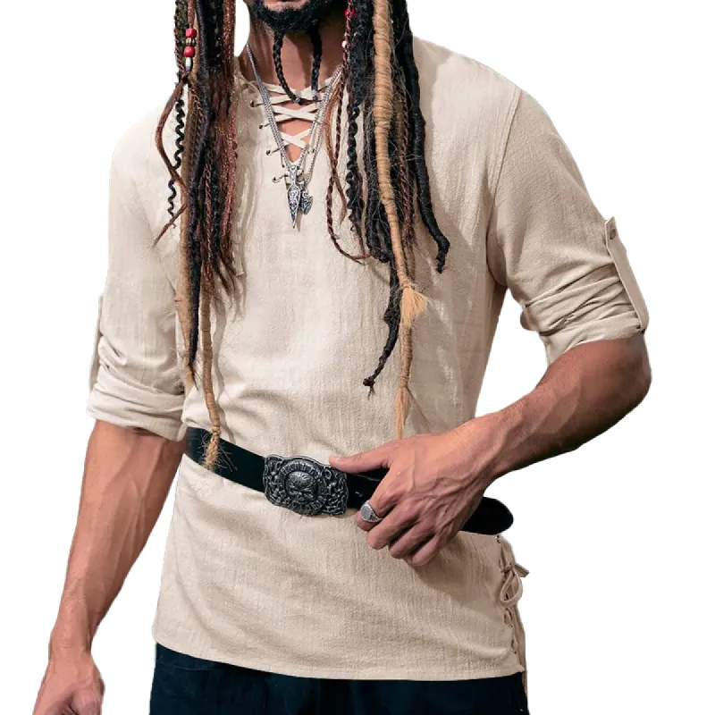 Men's Vintage Lace-up V Neck Long Sleeve Casual Shirt 38844066Z sold by Manly