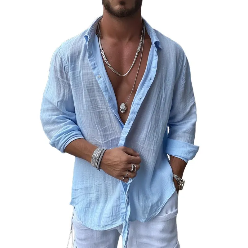 【24-hour shipping】Men's Cotton and Linen Casual Solid Color Long-sleeved Shirt 56362161X sold by Manly