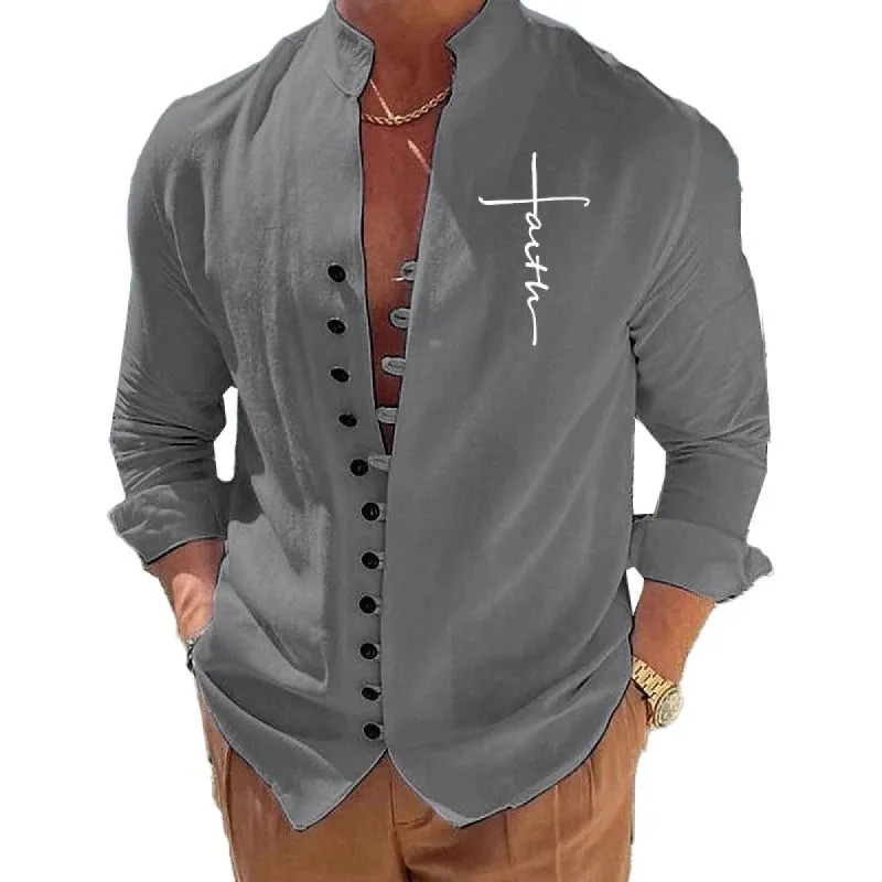 Men's Cotton Linen Long Sleeve Solid Color Stand Collar Casual Shirt 38142326X sold by Manly
