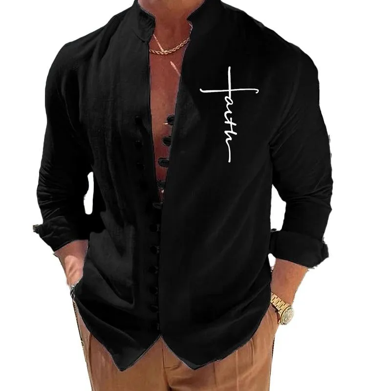 Men's Cotton Linen Long Sleeve Solid Color Stand Collar Casual Shirt 38142326X sold by Manly product image thumbnail 3